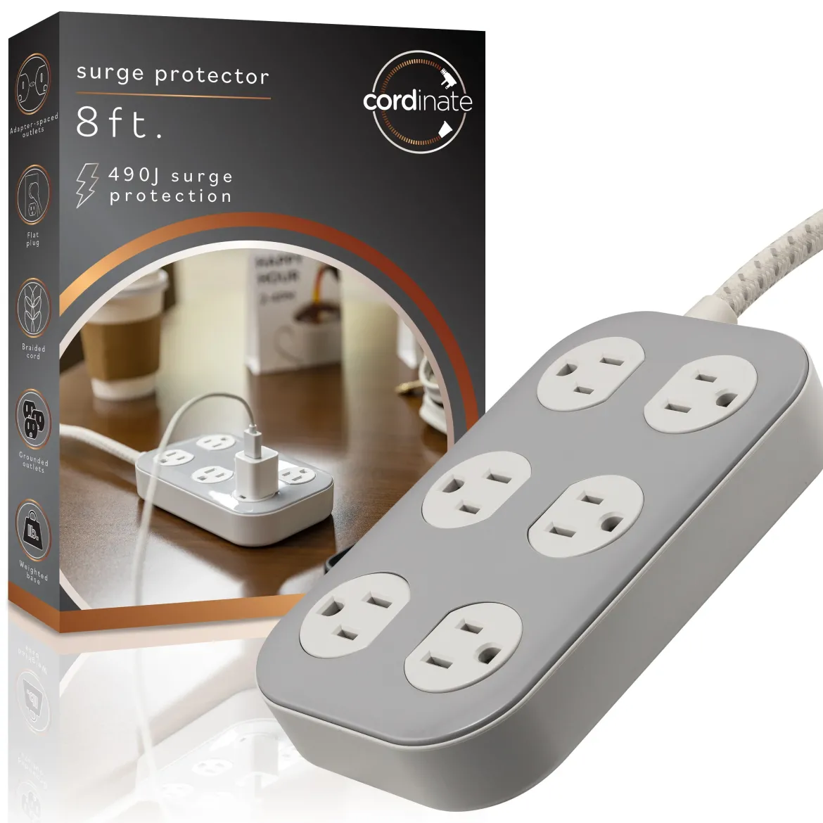 Cordinate ADAPT 6-Outlet 8ft. Braided Extension Cord With Surge Protection, Cream/Gray