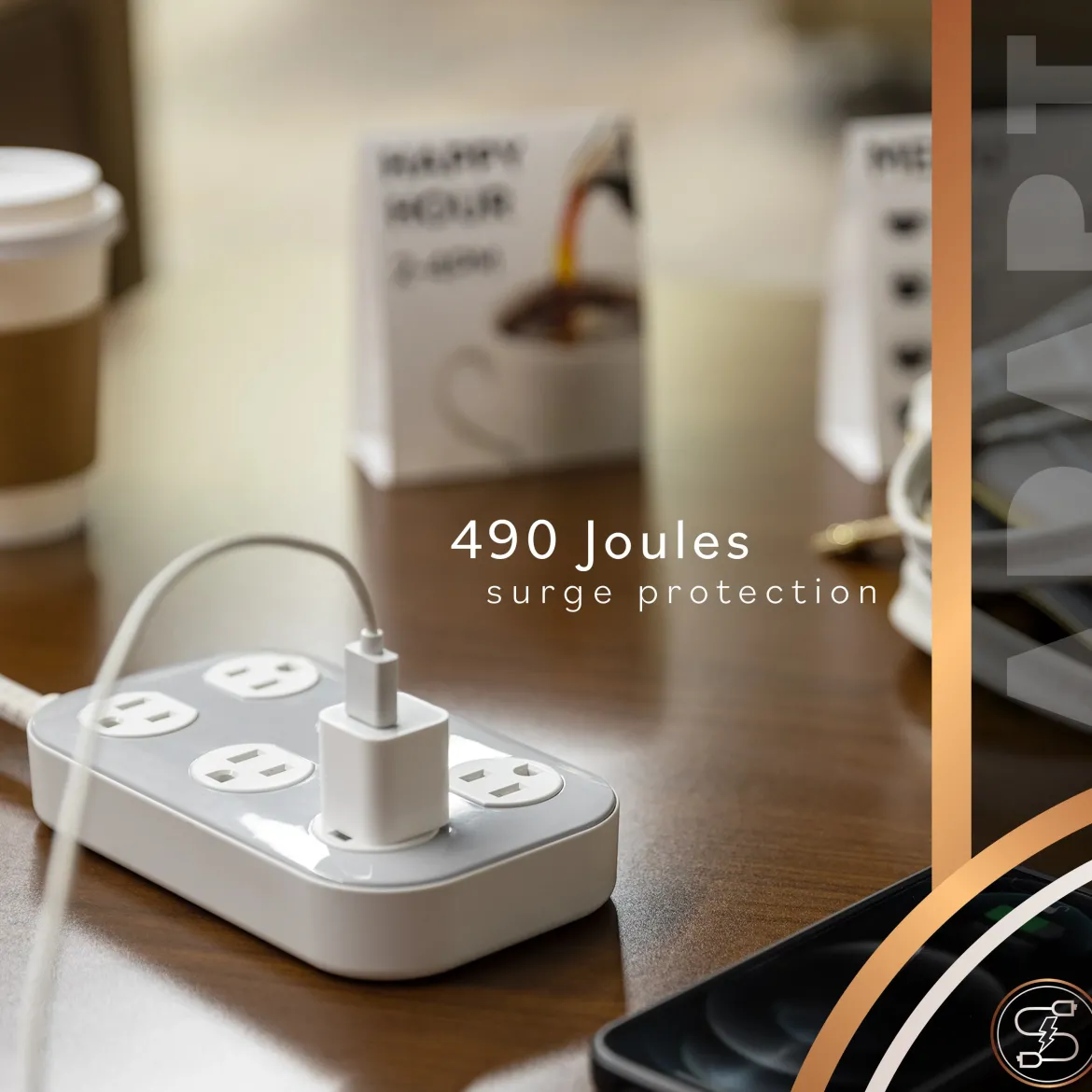 Cordinate ADAPT 6-Outlet 8ft. Braided Extension Cord With Surge Protection, Cream/Gray