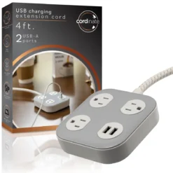 Cordinate ADAPT 3-Outlet, 2-USB 4ft. Braided Extension Cord, Cream/Gray