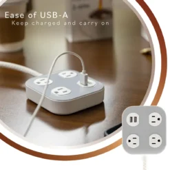 Cordinate ADAPT 3-Outlet, 2-USB 4ft. Braided Extension Cord, Cream/Gray