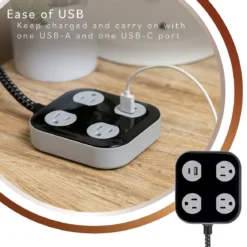 Cordinate ADAPT Surge Protector, 3-Outlet, 1 USB-A, 1 USB-C, 4ft., Black/Gray