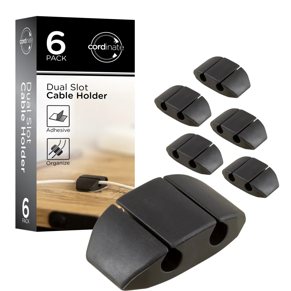 Cordinate Dual Slot Cable Management Dots, 6 Pack, Black,