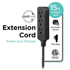 Cordinate 15ft. 3-Outlet Extension Cord, Black Heather