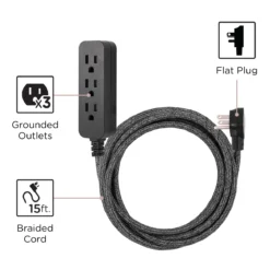 Cordinate 15ft. 3-Outlet Extension Cord, Black Heather