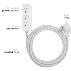 Cordinate 10ft. 3-Outlet Extension Cord, Gray/White