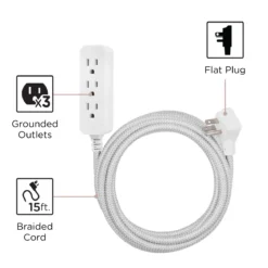 Cordinate 15ft. 3-Outlet Indoor Extension Cord, Gray/White