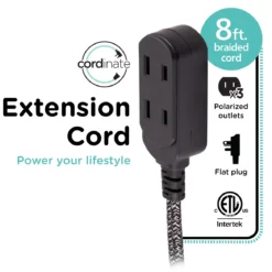 Cordinate 8ft. 3-Outlet Polarized Extension Cord, Black/Gray Heather, Braided Cord