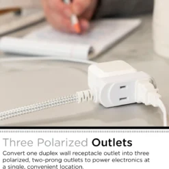 Cordinate 15ft. 3-Outlet Polarized Extension Cord, White/Gray, Braided Cord
