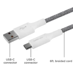 Cordinate 6ft. USB-A to USB-C Braided Charging Cable, Gray/White