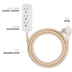 Cordinate 3-Outlet 10ft. Braided Extension Cord with Surge Protection, White/Tan