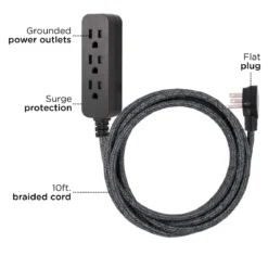 Cordinate 3-Outlet 10ft. Braided Extension Cord with Surge Protection, Black/Dark Heather