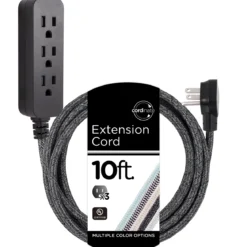 Cordinate 3-Outlet 10ft. Braided Extension Cord with Surge Protection, Black/Dark Heather