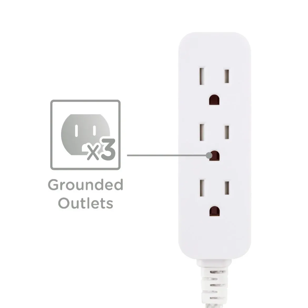 Cordinate 3-Outlet 2ft. Braided Extension Cord with Flat Plug, White/Gray