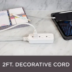 Cordinate 3-Outlet 2ft. Braided Extension Cord with Flat Plug, White/Gray