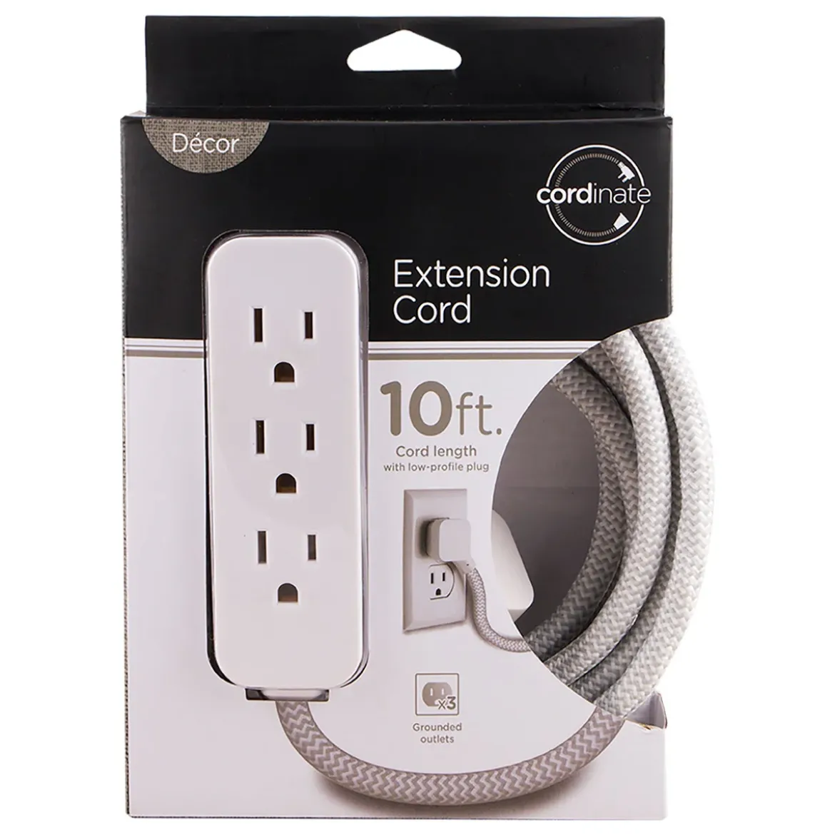 Cordinate 3-Outlet 10ft. Braided Extension Cord, White/Gray