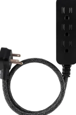Cordinate 3-Outlet 2ft. Braided Extension Cord with Flat Plug, Black/Gray