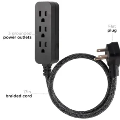 Cordinate 3-Outlet 2ft. Braided Extension Cord with Flat Plug, Black/Gray