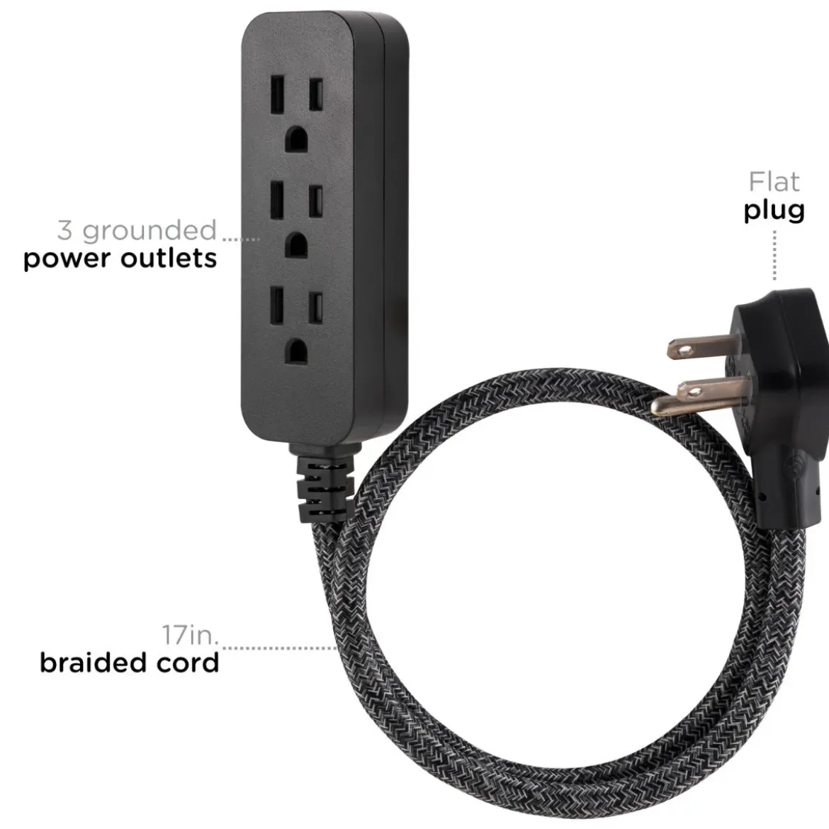 Cordinate 3-Outlet 2ft. Braided Extension Cord with Flat Plug, Black/Gray