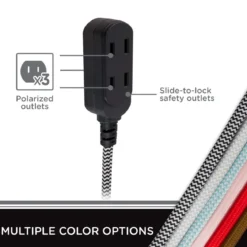 Cordinate 3-Outlet 8ft. Braided Extension Cord with Flat Plug, Black/White
