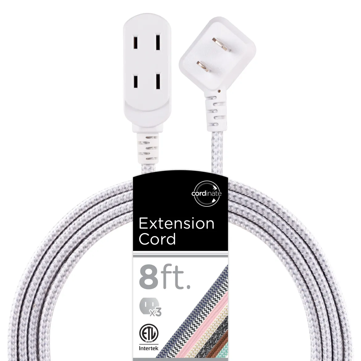 Cordinate 3-Outlet 8ft. Braided Extension Cord, Gray/White