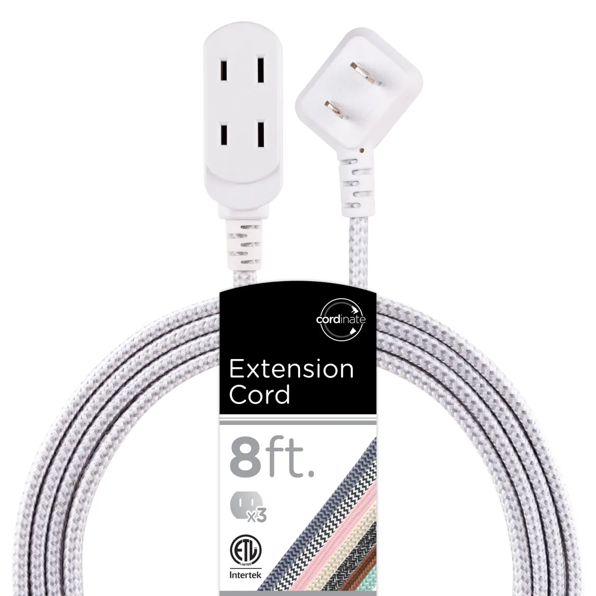 Cordinate 3-Outlet 8ft. Braided Extension Cord, Gray/White