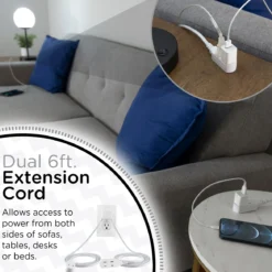 Cordinate 3-Outlet 12ft. Dual Split Extension Cord Braided, Indoor, White