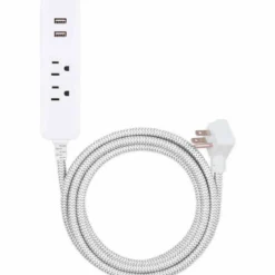 Cordinate 2-Outlet 2-USB 10ft. Braided Extension Cord with Surge Protection, White/Gray
