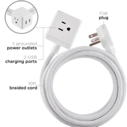Cordinate 3-Outlet 2-USB 10ft. Braided Extension Cord Cube, White