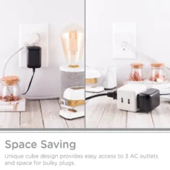 Cordinate 3-Outlet 2-USB 10ft. Braided Extension Cord Cube, White
