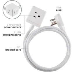 Cordinate 3-Outlet 2-USB 5ft. Braided Extension Cord Cube, White