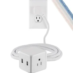 Cordinate 3-Outlet 2-USB 5ft. Braided Extension Cord Cube, White