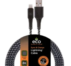 EcoSurvivor 8ft. USB-A to Lightning Charging Cable with Braided Cord, Black/Gray