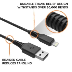EcoSurvivor 8ft. USB-A to Lightning Charging Cable with Braided Cord, Black/Gray