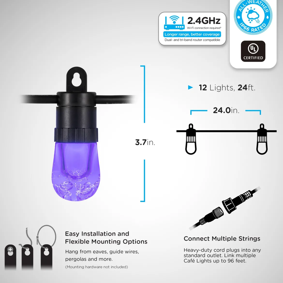 Enbrighten Ecoscapes WiFi VIBE Color-Changing LED Cafe Lights, 12 Bulbs, 24ft. Black Cord, 2 pack