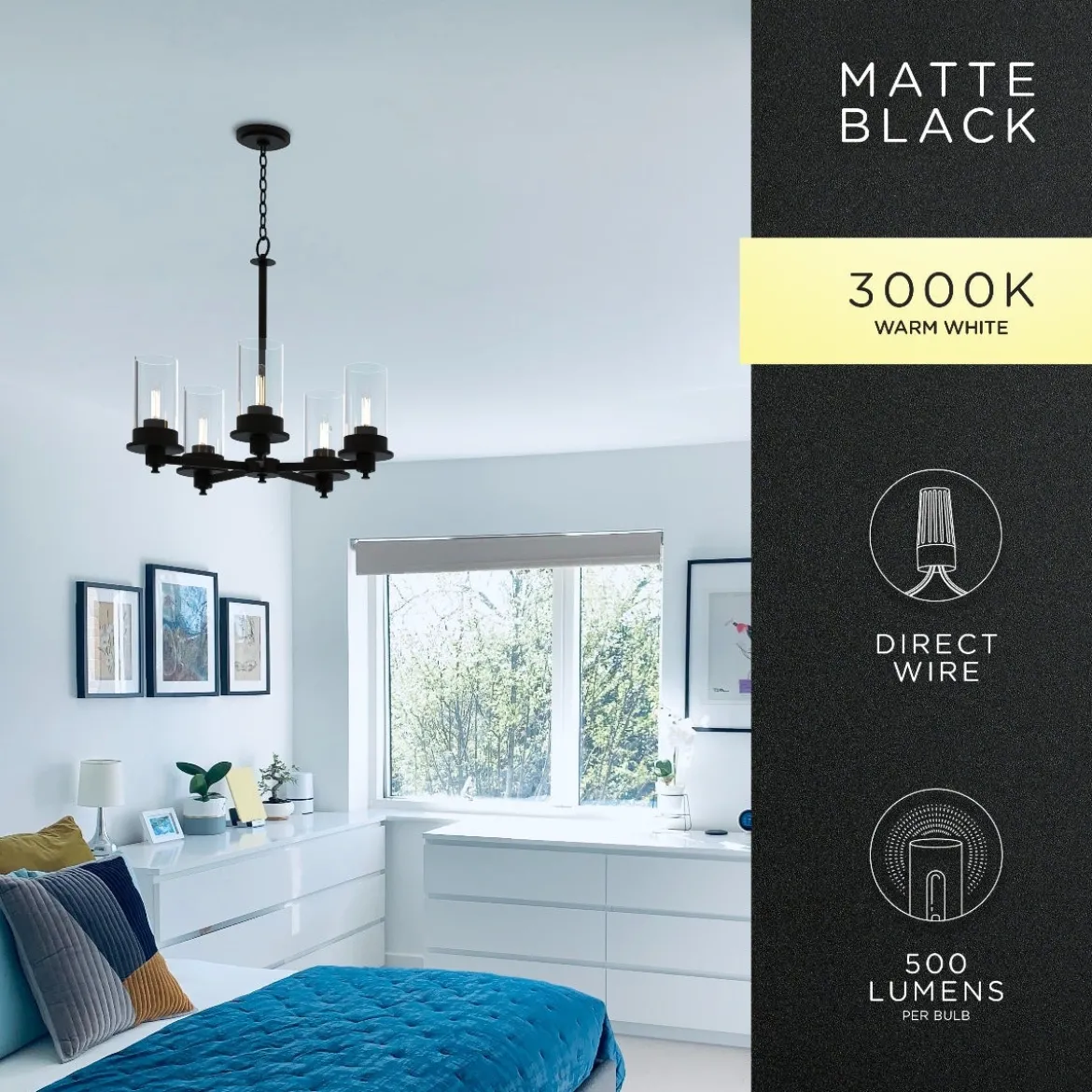 Enbrighten 5-Head Chandelier with LED Vintage Bulbs, Matte Black