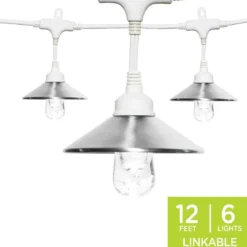 Enbrighten Light Bundle Classic LED Cafe Lights (6 Bulbs, 12ft. White Cord) and 6 Stainless Steel Cage Shades