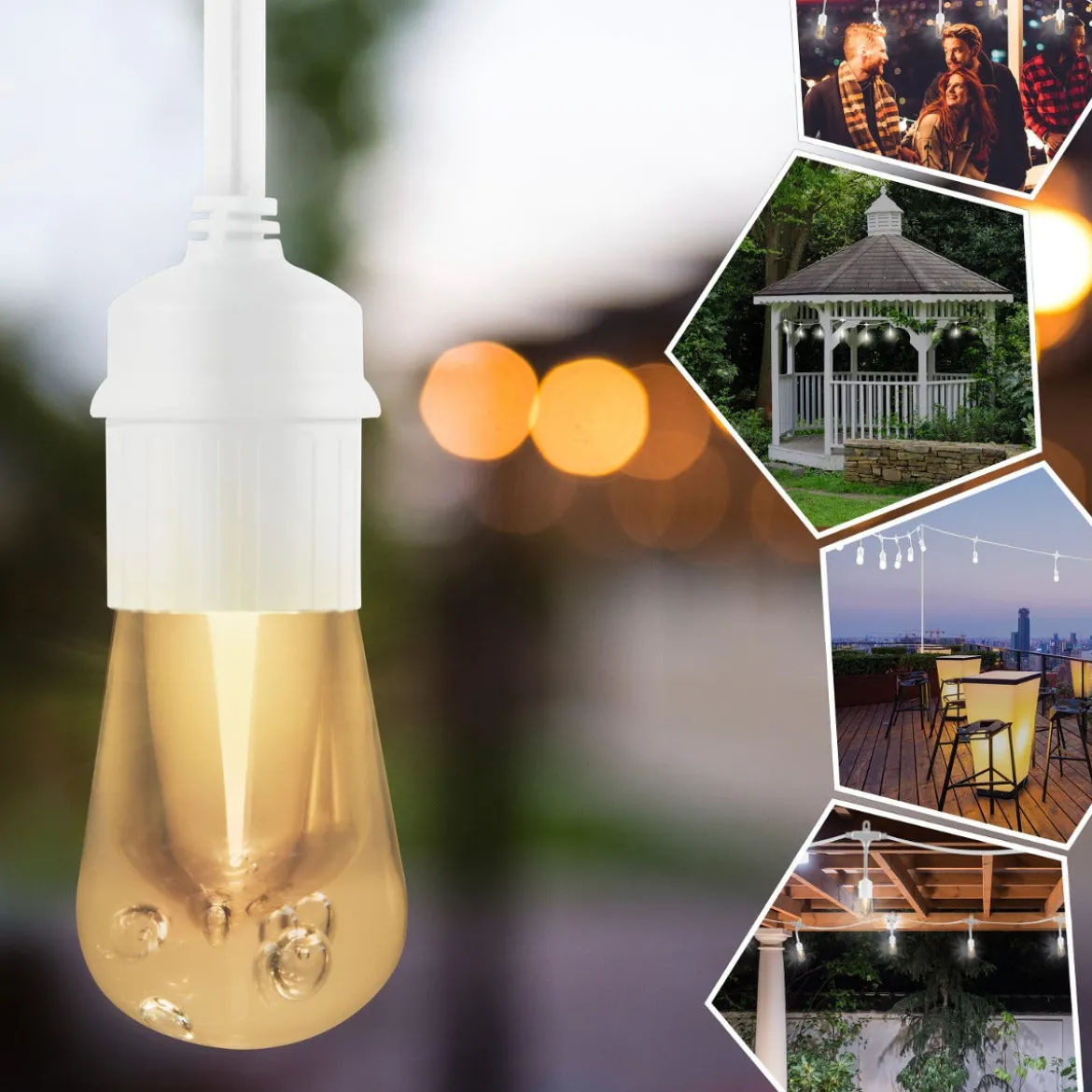 Enbrighten Light Bundle Vintage LED Cafe Lights (6 Bulbs, 12ft. White Cord) and 6 Stainless Steel Cage Shades