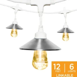 Enbrighten Light Bundle Vintage LED Cafe Lights (6 Bulbs, 12ft. White Cord) and 6 Stainless Steel Cage Shades