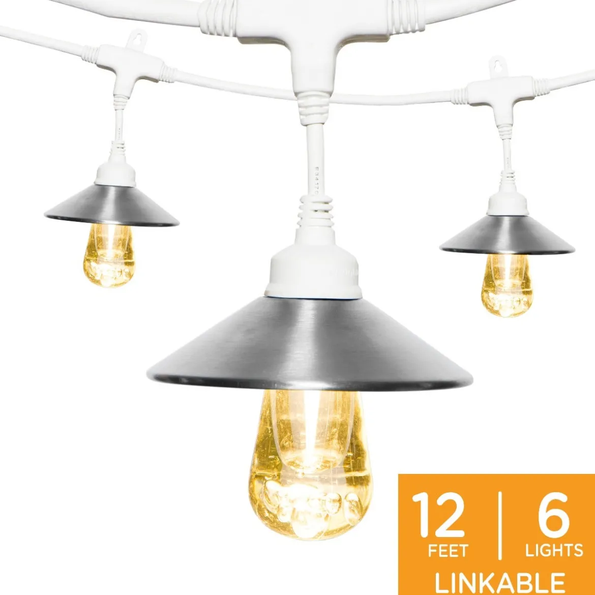 Enbrighten Light Bundle Vintage LED Cafe Lights (6 Bulbs, 12ft. White Cord) and 6 Stainless Steel Cage Shades