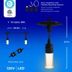 Enbrighten Modern Outdoor String Lights, 24ft, 12 Cylindrical Shatterproof Bulbs, Cool White