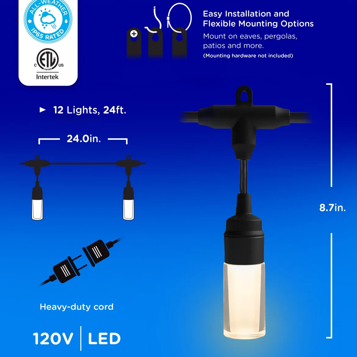 Enbrighten Modern Outdoor String Lights, 24ft, 12 Cylindrical Shatterproof Bulbs, Cool White