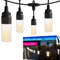 Enbrighten Modern Outdoor String Lights, 24ft, 12 Cylindrical Shatterproof Bulbs, Cool White