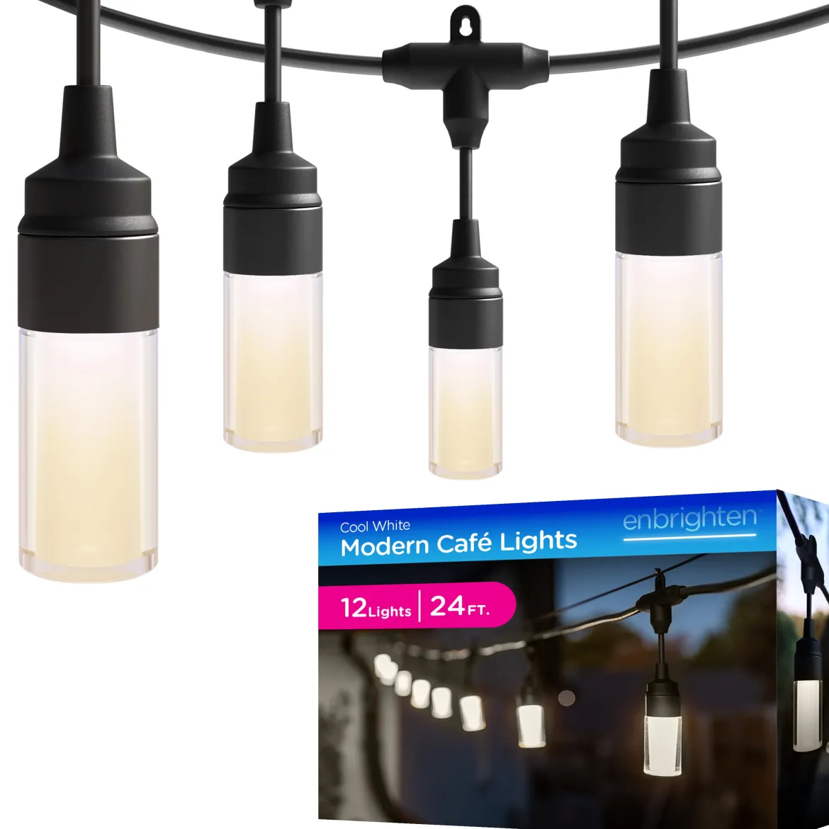 Enbrighten Modern Outdoor String Lights, 24ft, 12 Cylindrical Shatterproof Bulbs, Cool White