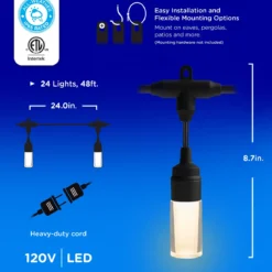Enbrighten Modern Outdoor String Lights, 48ft, 24 Cylindrical Shatterproof Bulbs, Cool White
