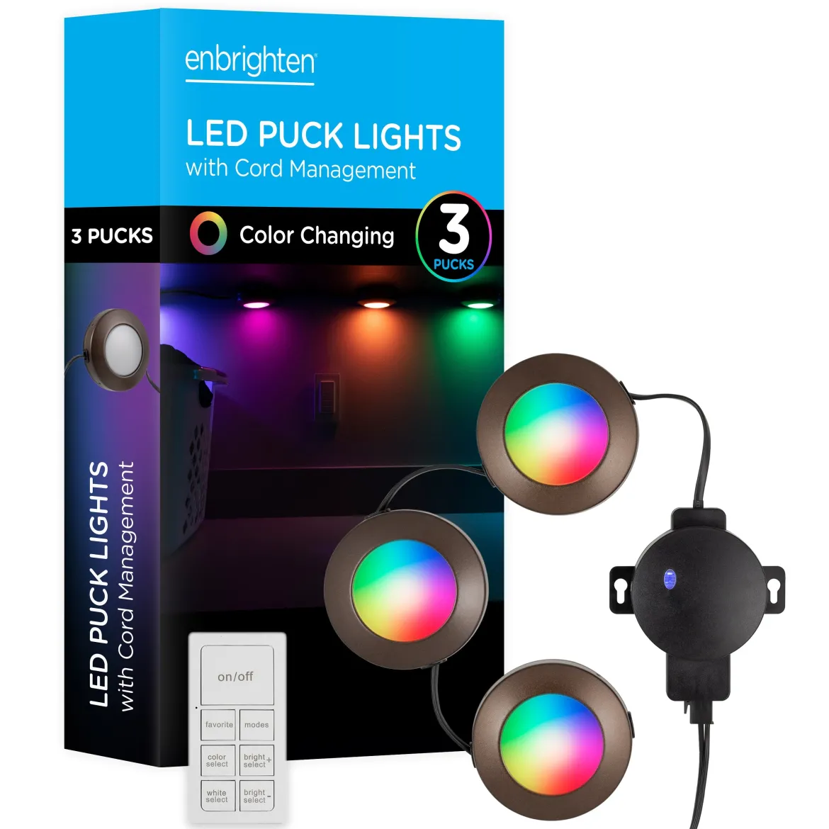 Enbrighten Spectrum Indoor Color-Changing LED Puck Lights, 3 Lights, Up to 18in. Black Cord