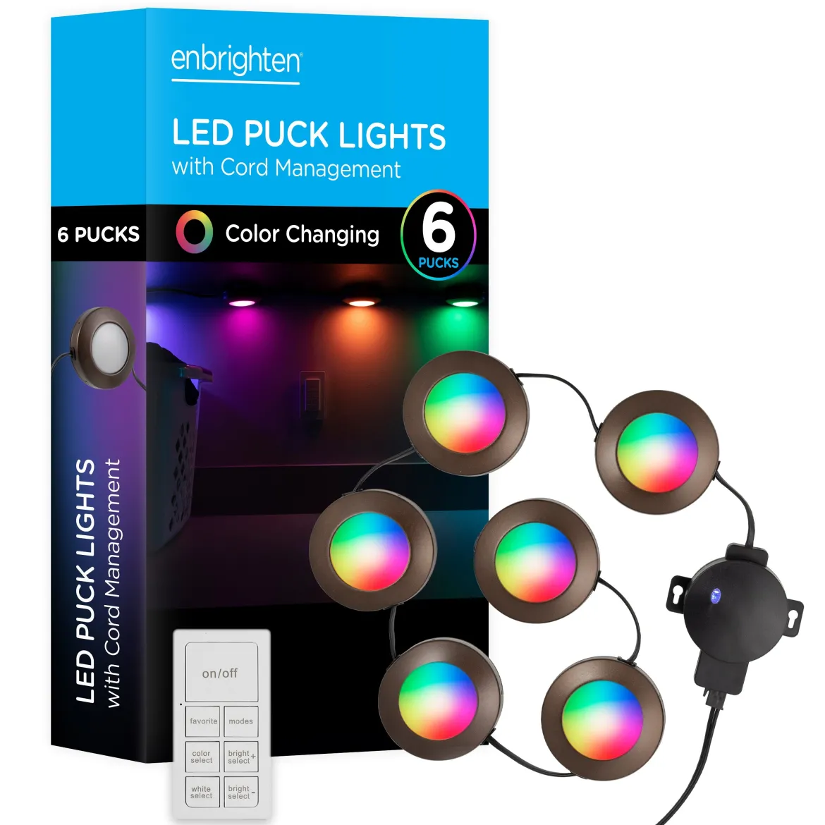 Enbrighten Spectrum Indoor Color-Changing LED Puck Lights, 6 Lights, Up to 18in. Black Cord