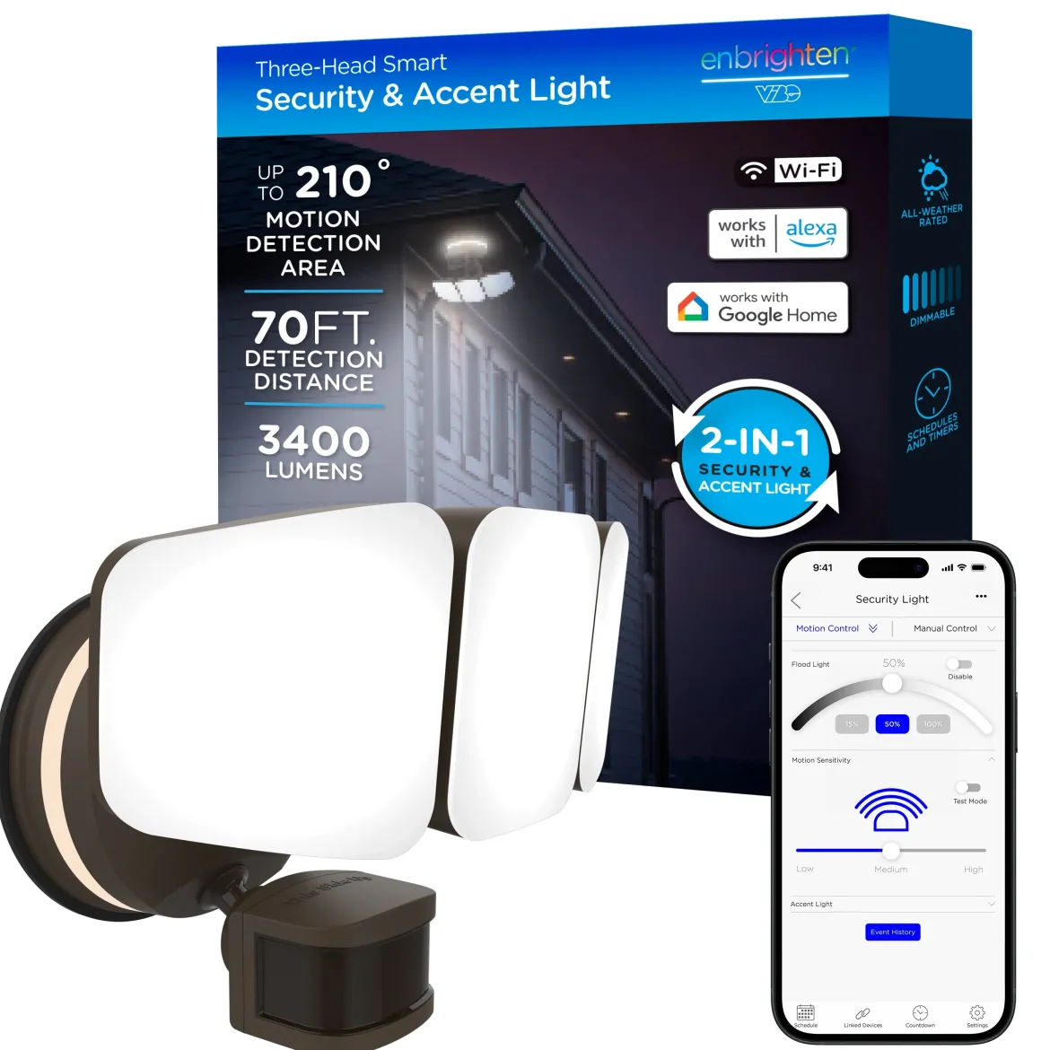 Enbrighten VIBE Outdoor 3-Head Motion-Sensing Back Lit WiFi LED Security Light, Bronze