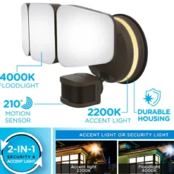 Enbrighten VIBE Outdoor 3-Head Motion-Sensing Back Lit WiFi LED Security Light, Bronze