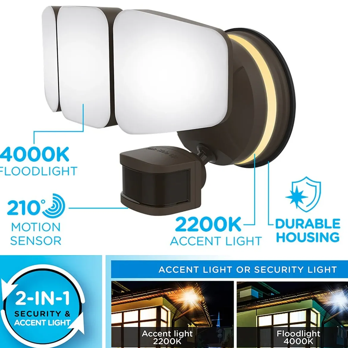Enbrighten VIBE Outdoor 3-Head Motion-Sensing Back Lit WiFi LED Security Light, Bronze