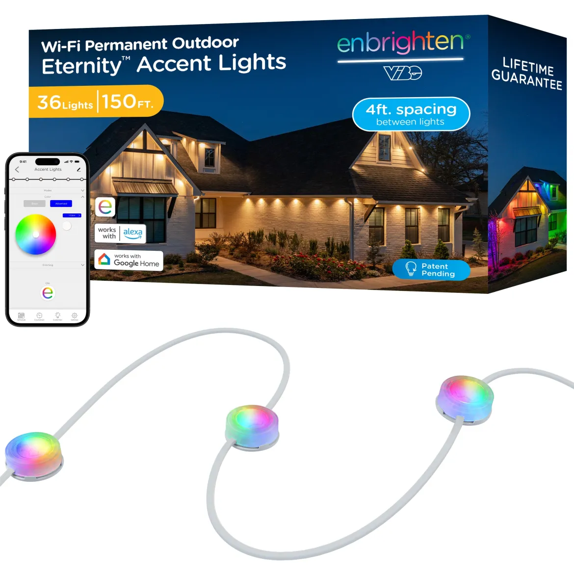 Enbrighten VIBE WiFi Color-Changing Permanent Outdoor Eternity Accent Lights, 36 Lights, 150ft. White Cord